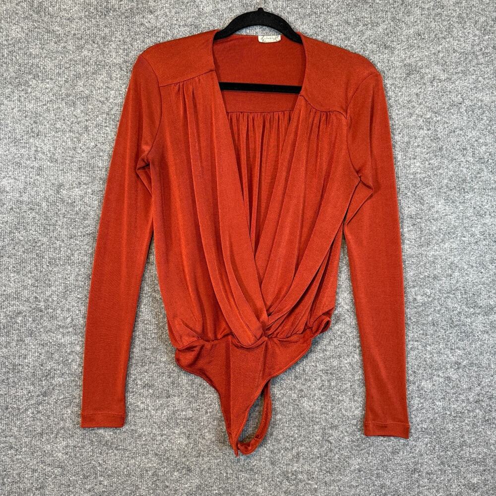 Free People Top Womens Small Orange Vneck Drapey Bodysuit Long Sleeve‎ Bohemian